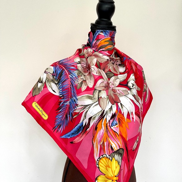 New Salvatore Ferragamo Scarf Butterfly Flowers Red Multicolor Silk Wrap - Picture 1 of 15